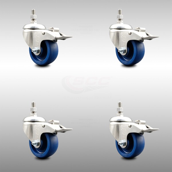 Service Caster 3 Inch 316SS Solid Polyurethane Wheel Swivel 3/8 Inch Stem Caster Set Lock Brake SCC-SS316TSTTL20S314-SPUS-381615-4 - main